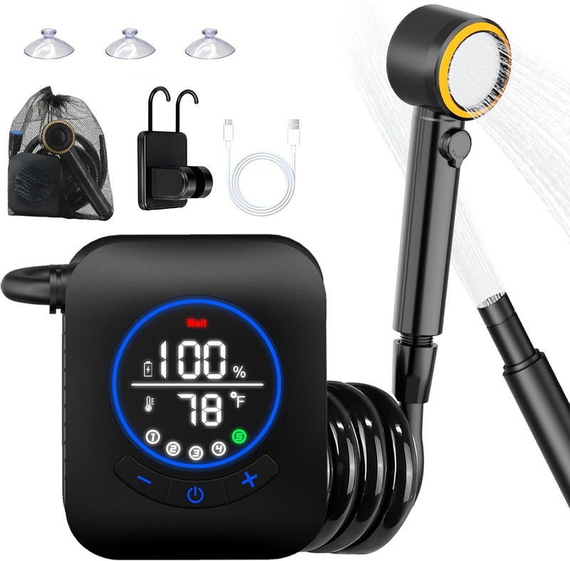 AYWOHA Portable Shower for Camping, 8000mAh Rechargeable Camping Shower Pump with 3X Stronger Water Flow, 5 Pressure Levels & 4 Shower Modes Outdoor Shower with Intelligent LED Display for Hiking Travel Pet - Image 1